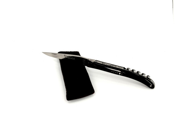 LAGUIOLE PassionFrance avec tire-bouchon CUSTOM 11cm, pointe de corne de buffle noire. Avec étui en cuir de requin noir.