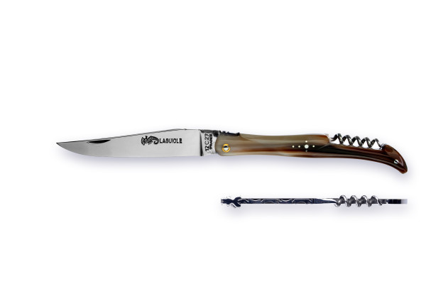 Grand-LAGUIOLE Atelier ARTO® série LUXE avec tire-bouchon, plein manche sans mitres / pointe de la corne blonde